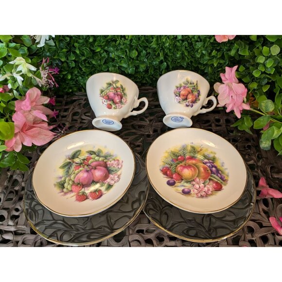 Royale Garden Fruit Medley Bone China Tea Cups & Saucers Set Of 2 Staffordshire - Picture 2 of 10